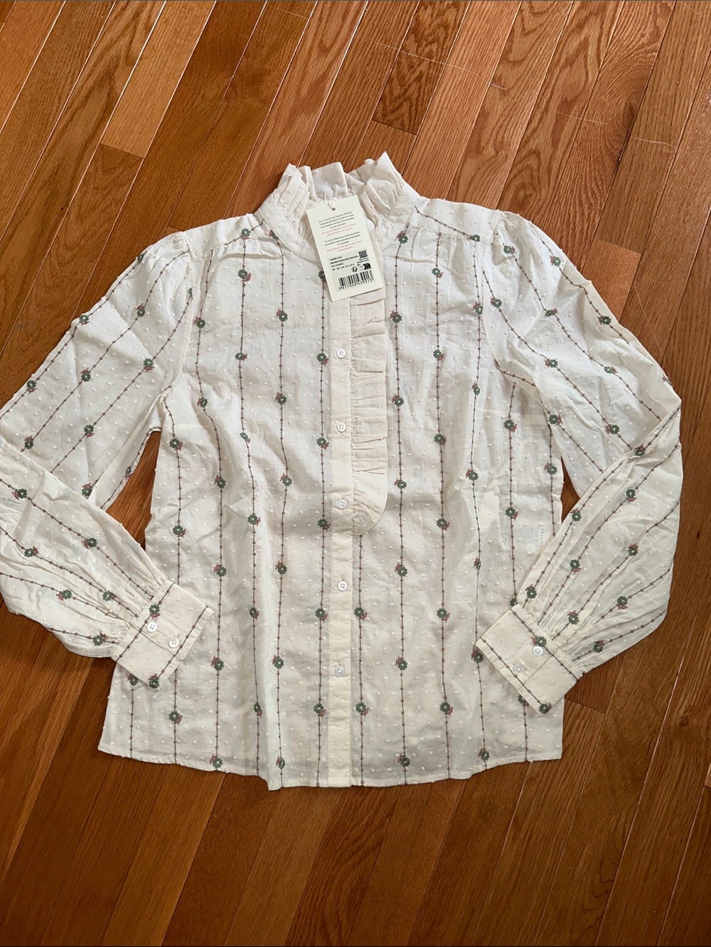 Sézane Chlo Ecru shirt with green flowers, size 38 (US 6)